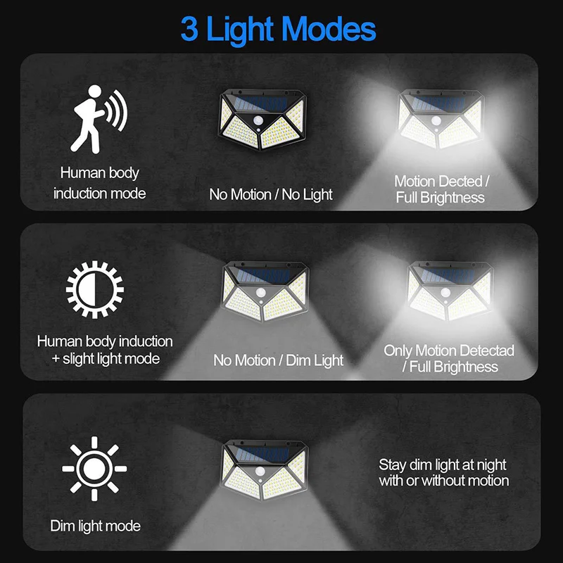 

100 LED Solar Light Outdoor Solar Lamp Powered Sunlight Waterproof PIR Motion Sensor Street Light for Garden Decoration