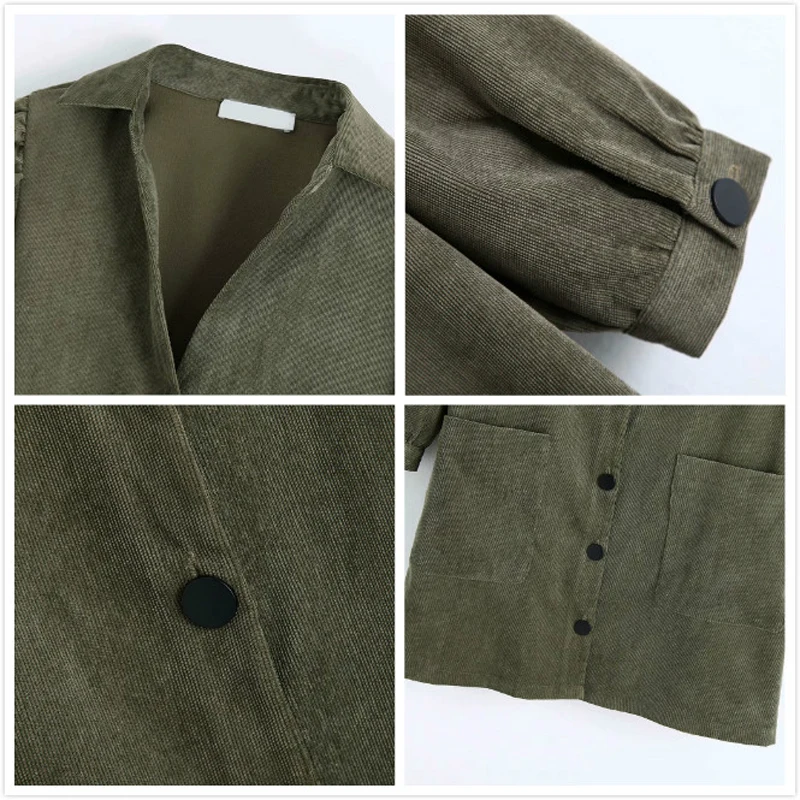 Женское вельветовое мини платье с карманами однотонное рубашка длинным рукавом