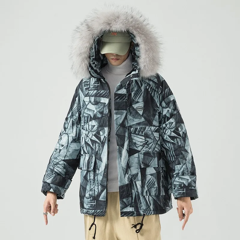

FGKKS Winter Printing Parka Men Duck Down Parkas Coat Mid-length Large Fur Collar Parka Male Thicken Overcoat Male