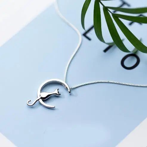 

Cat Moon Silver Pendant Necklace 925 Sterling Silver Choker Statement Necklace Women Silver 925 Jewelry With 40cm Chain