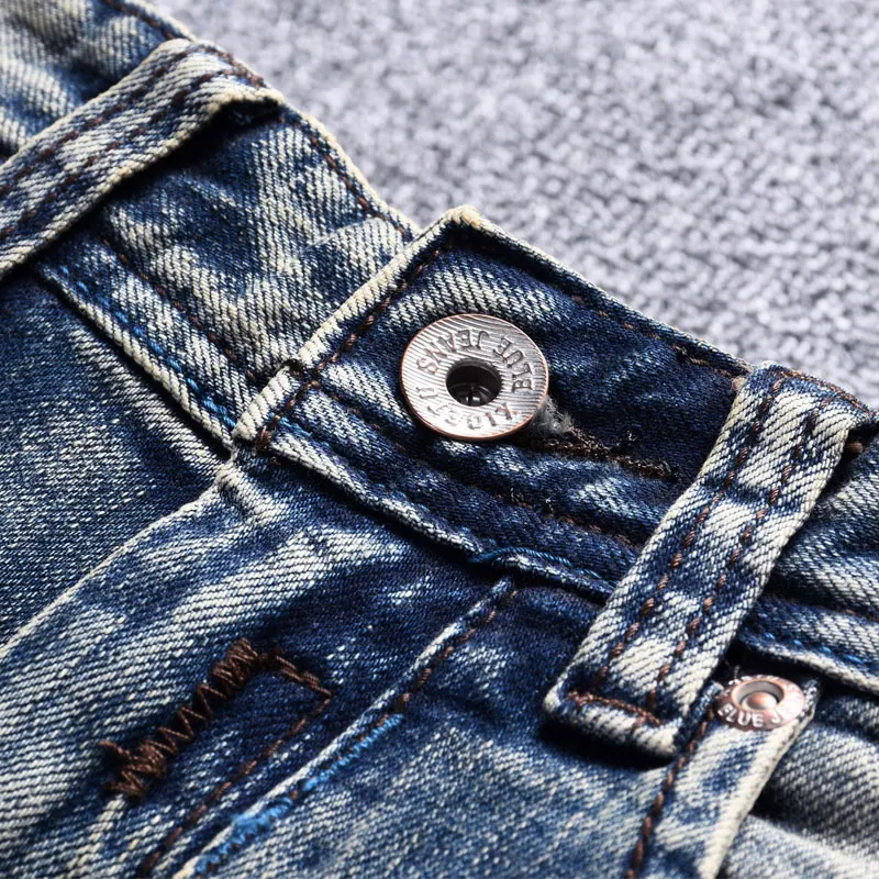Italian Style Fashion Men Jeans Retro Blue Elastic Cotton Slim Fit Ripped Jeans Men Streetwear Vintage Designer Denim Punk Pants