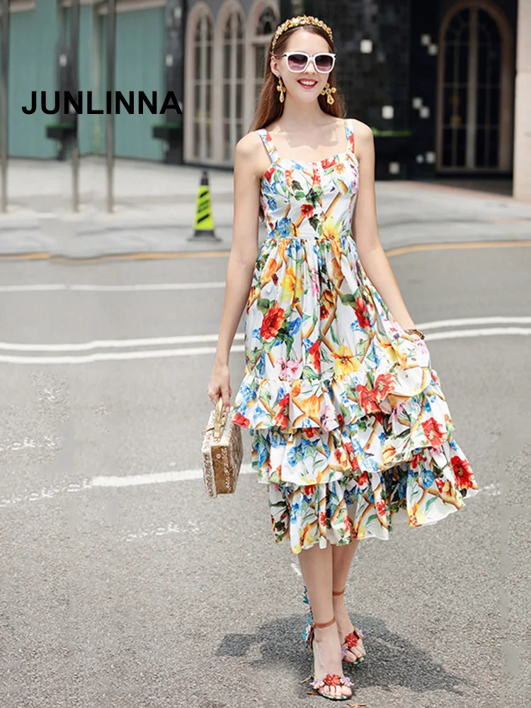 

Runway Dress Spaghetti Strap Ruffle Fashion Women Cake Dresses Cotton Blending Summer Floral Printing Vestidos