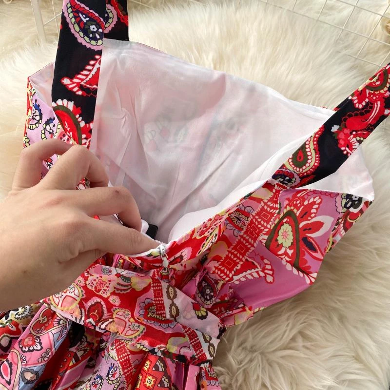 

Women Elegant Strap Sleeveless Party Dress Sash Lace Up Beach Holiday Maxi Dress Boho Style Floral Print Summer Dress