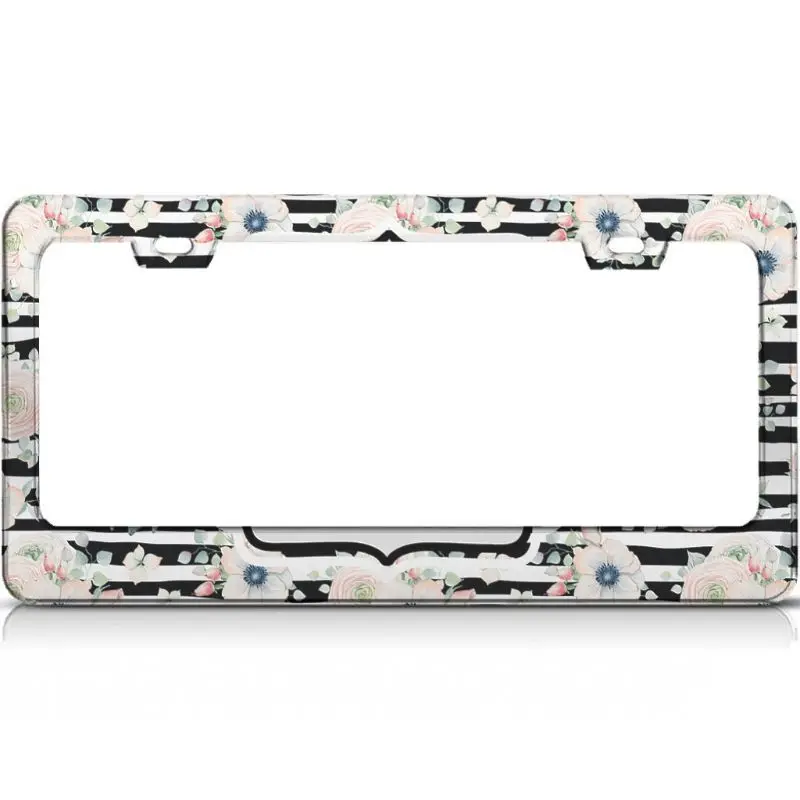 

Peceeta Pink Roses And Stripe License Plate Frame 2 Holes 1 Frame Matte Aluminum Stainless Steel Board Frames white 16x31cm