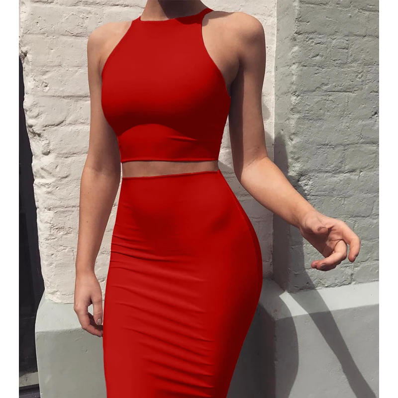 

2019 New Summer Dresses Women Turtleneck Two Pieces Bandage High Waist Split Slim Crop top Kardashain Fashion Party Vestidos
