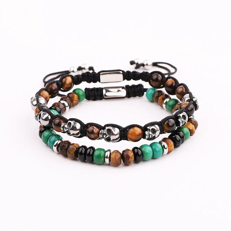 

2020 New Design Men Bracelet Stainless Steel Skull Charm Natural Stone Woven Macrame Bracelet Set Men