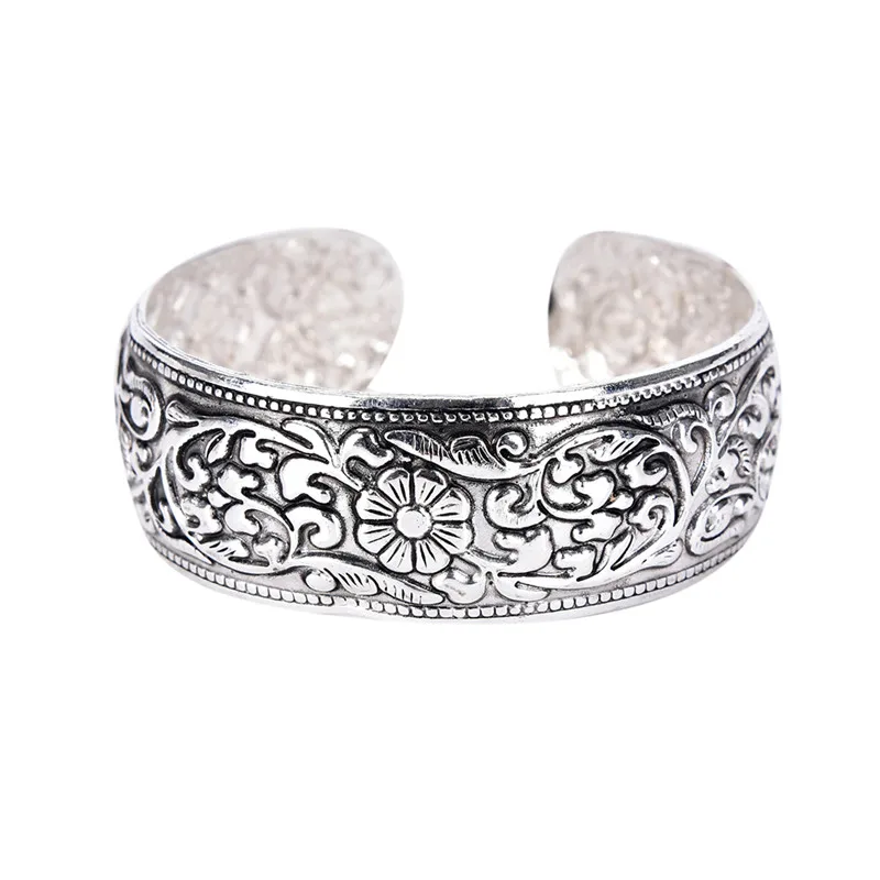 1Pcs Vintage Gypsy Elephant Bracelets Wide Lucky Flower Printing Tibet Silver Plated Totem Cuff Bangles For Women Christmas Gift | Украшения