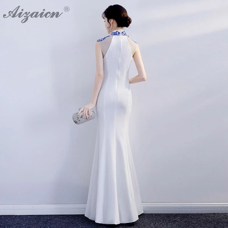 White Mermaid Slim Cheongsam Modern Host Elegant Long Gown Qi Pao Women Chinese Evening Dress Qipao Promotion Party Dresses |