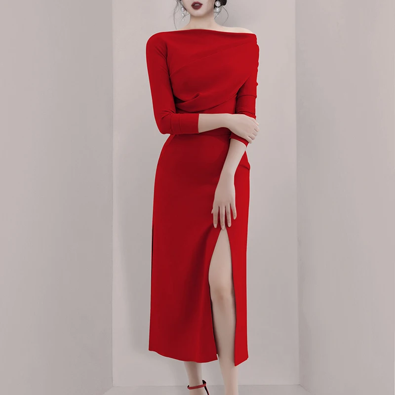 Max Spri Slash Neck Slim Split Women 2 Piece Sets New Fashion Long Sleeves Office Lady Skirt Suits Black Red