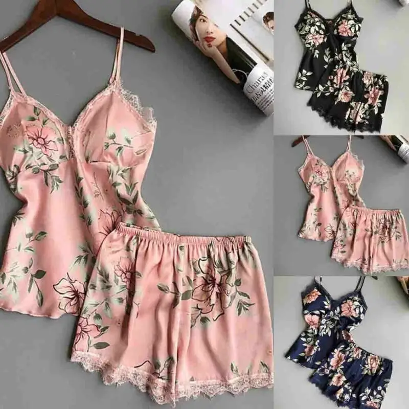 Pink Pajama Set Printed Floral Sleepwear Pijama Sexy Lace Womens Clothing V-neck Nightwear Pyjamas Short Plus Size 2020 | Женская одежда
