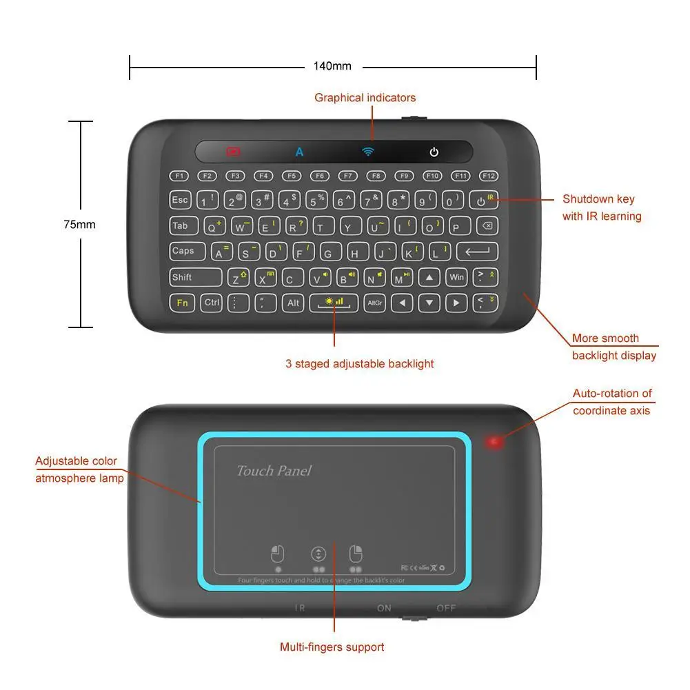 

H20 Double-sided Keyboard 2.4GHz Mini Wireless Keyboard Full Screen Touchpad Auto-rotating Portable Backlit Keyboard