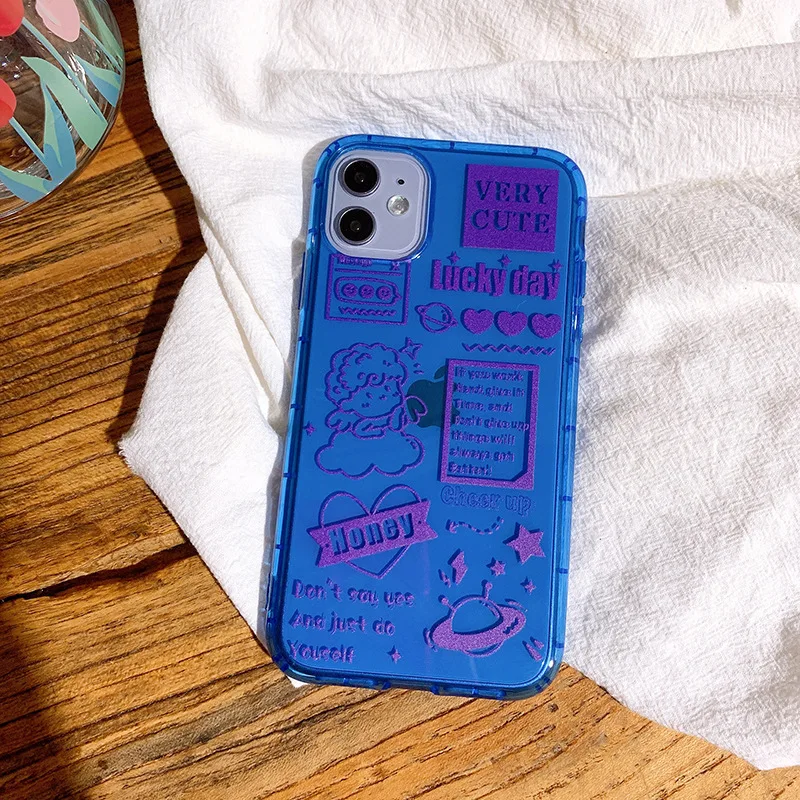 

Fluorescent Color Clear Shockproof Phone Case For iPhone 11 Pro Max XR X XS Max 7 8 Plus SE 2020 Soft TPU Cartoon Phone Cover