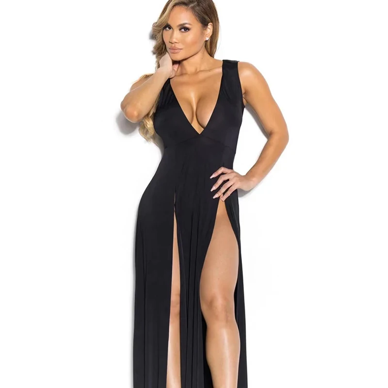 

Backless Sexy Party Deep V-neck Dress Vestidos Tangk High Side Split Bodycon Maxi Dress Women Sleevesless Club Long Summer Dress