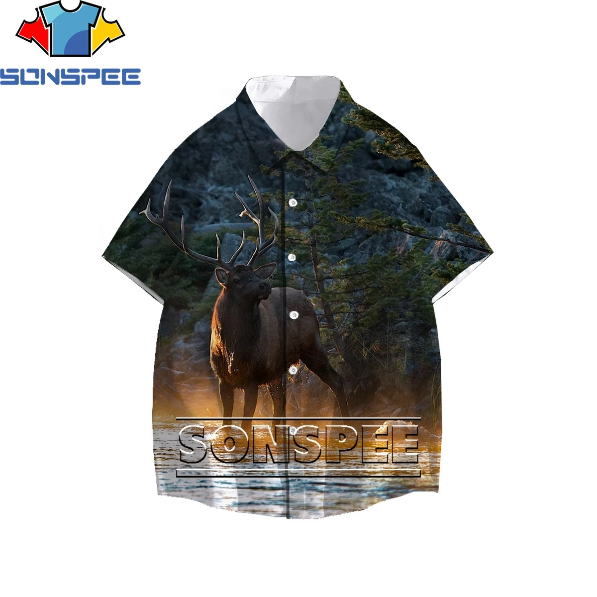 

SONSPEE Hipster Animal Elk Pattern 3D Print Men Women's Shirt Summer Original Personality Hawaiian Beach Buttons Oversize Top