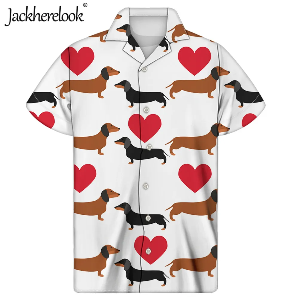 Jackherelook Hawaiian Shirts Men Clothing Dachshunds Print Button Down Tops Shirt for Men's Summer Beach Clothing Chemise Homme