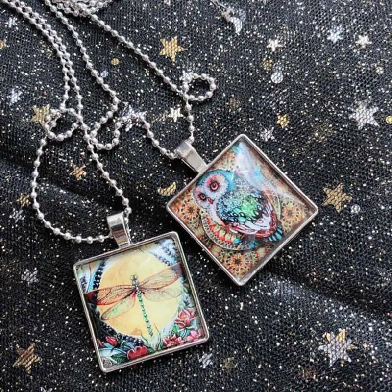 Окрашенная Сова голубое насекомое стрекоза стеклянный кулон ожерелье