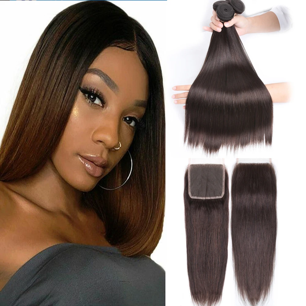 Allrun прямые пряди волос с закрытием малазийские 100% человеческие 4*4 цвет #2