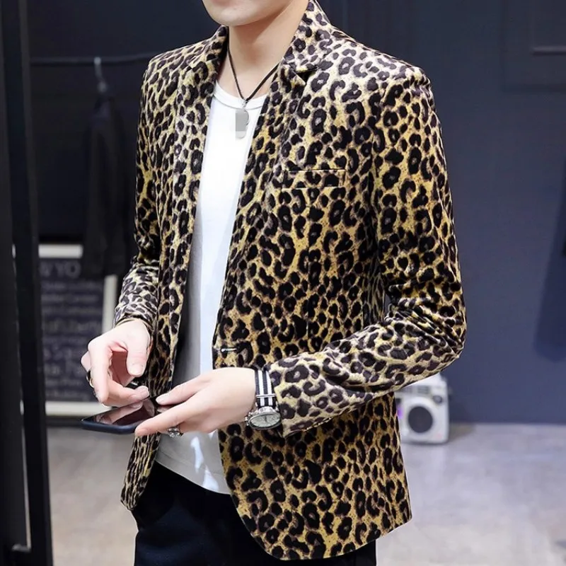 

Men Leopard Print Blazer Night Club Casual Single Breasted Suit Jacket High Street Autumn Long Sleeve Slim Fit Male Outerwear