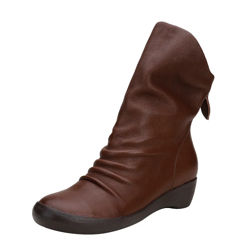 

2020 autumn Winter New Genuine Leather Zipper-Back Boots Women's Pure Color Mid-Calf Boots Soft Bottom Retro Comfort Thin Boots