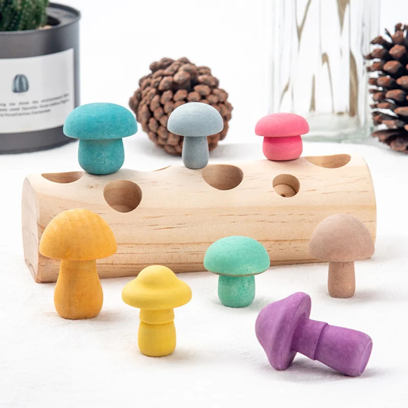 

Wooden Rainbow Blocks Mushroom Picking Game Montessori Educational Developmental Shape Matching Assembly Grasp Wooden Baby Toys