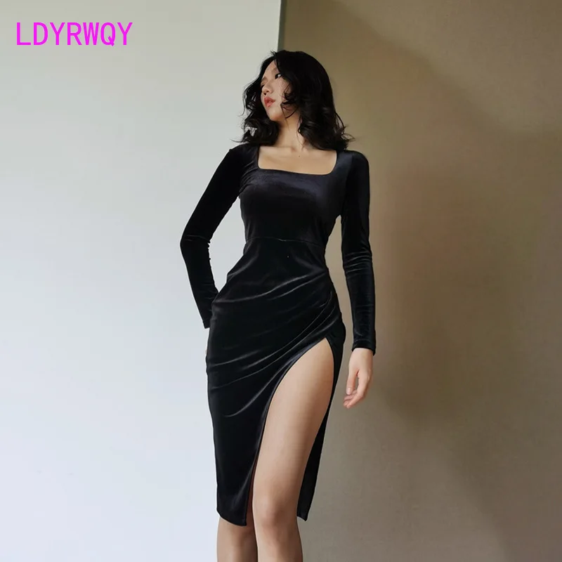 

European and American fashion sexy slimmed square collar dress female feel with diamond long fork