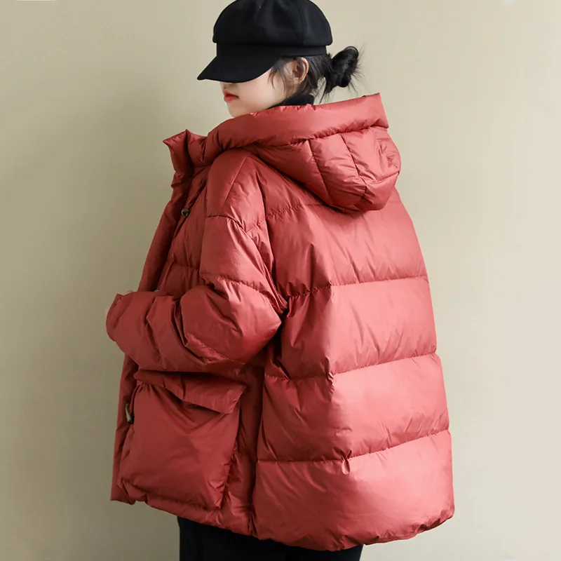 

FTLZZ New Winter Women Hooded Horn Button Loose Down Parkas 90% White Duck Down Coat Female Thickness Warm Pocket Snow Outwear