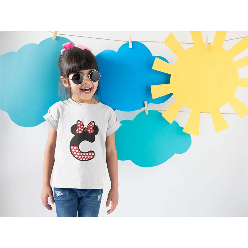 

Детская футболка с милым диснеевским алфавитом C, летняя одежда, детская футболка с короткими рукавами и Минни Маус, Топ для мальчиков и девочек, Прямая поставка