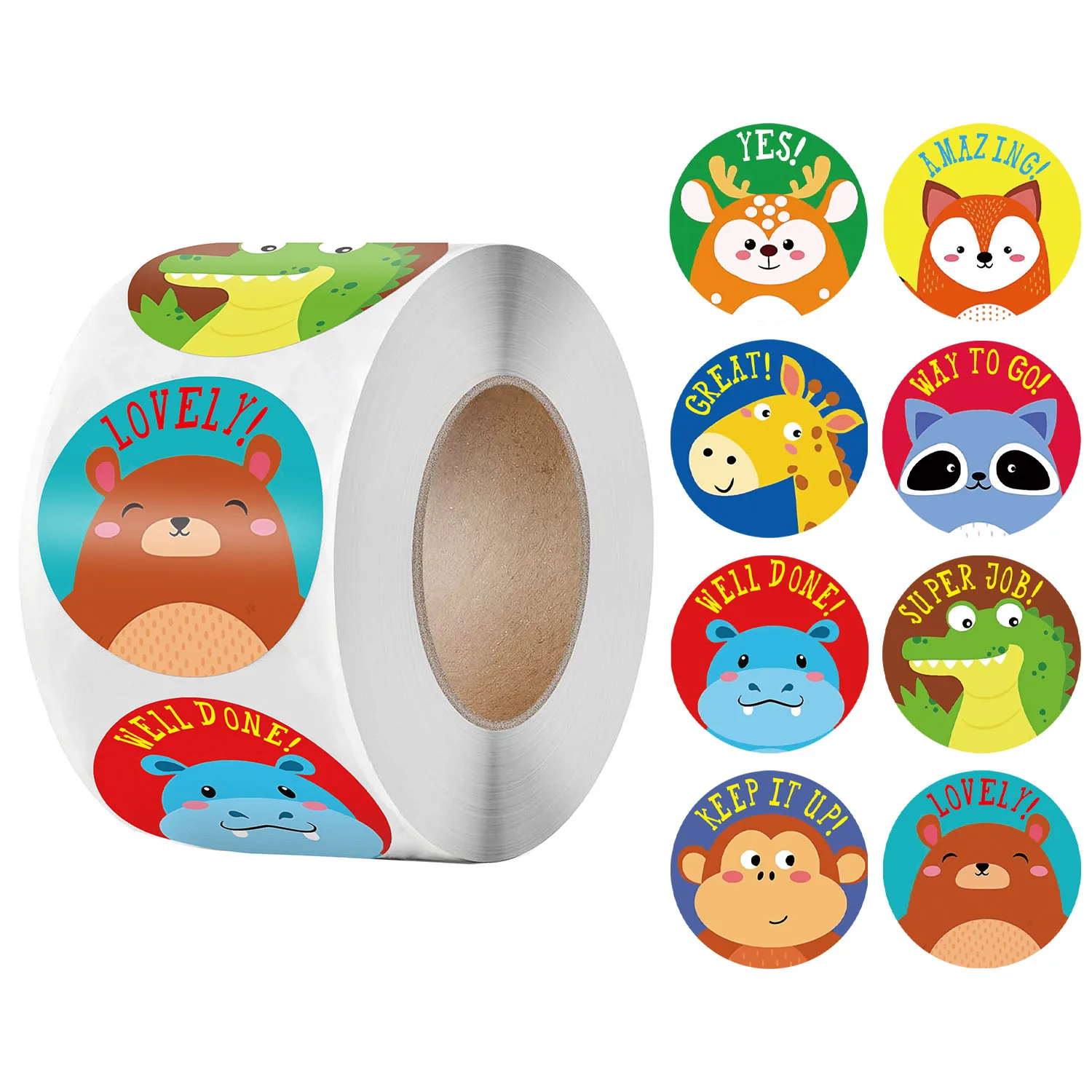 

500Pcs/roll Cute Animals Stickers 8 Designs Round Handmade Scrapbook Seal Labels for Encourage Kids Student Reward Stickers
