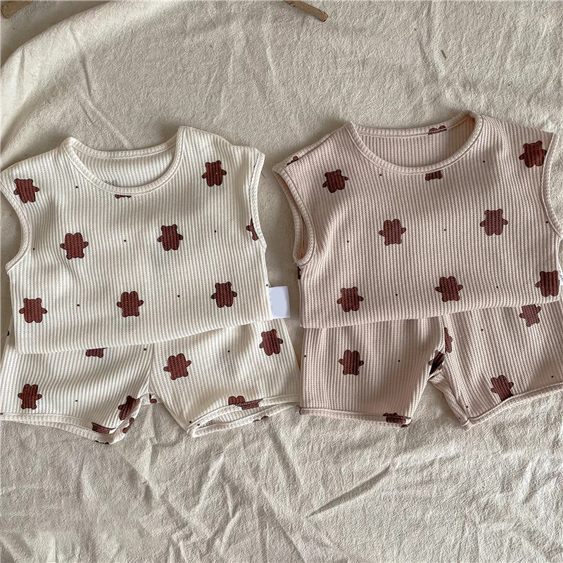 

Keelorn Baby Bear Clothes Set 2021 Summer Comfortable Waffle Sleeveless Cotton Tops + Shorts Children 2pcs Homewear Suit