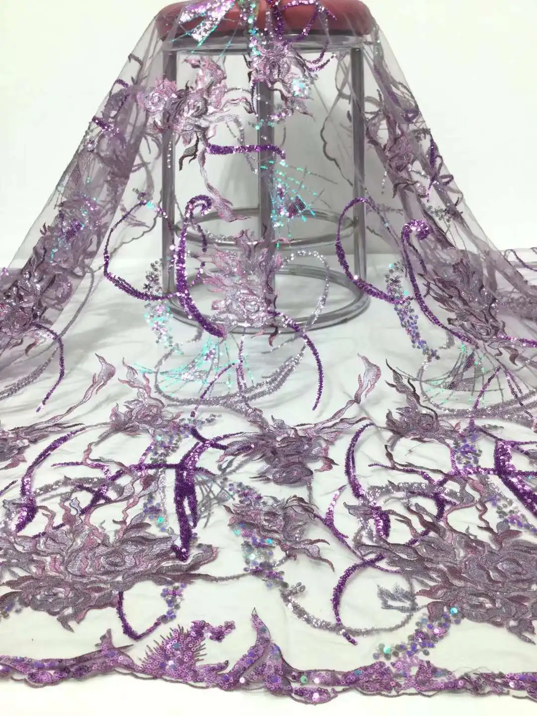 

French Mesh Lace Fabric Glitter Sequins Tulle Embroidery Craft Nigeria Sewing DIY Banquet Party Wedding Dress 5 Yards Trimming