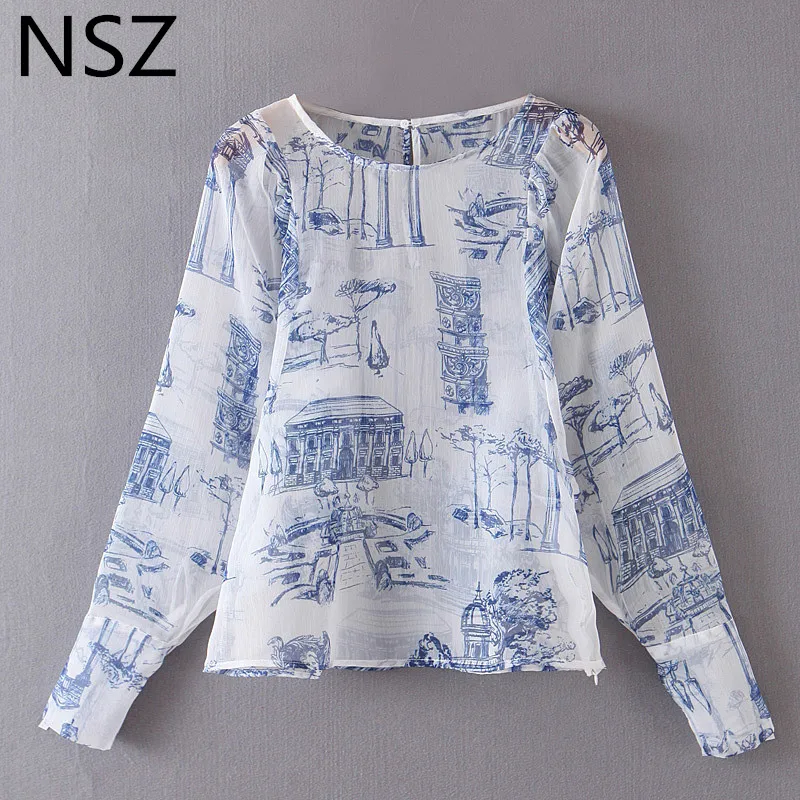NSZ женская синяя прозрачная блузка с принтом посмотрите на Дешевое платье