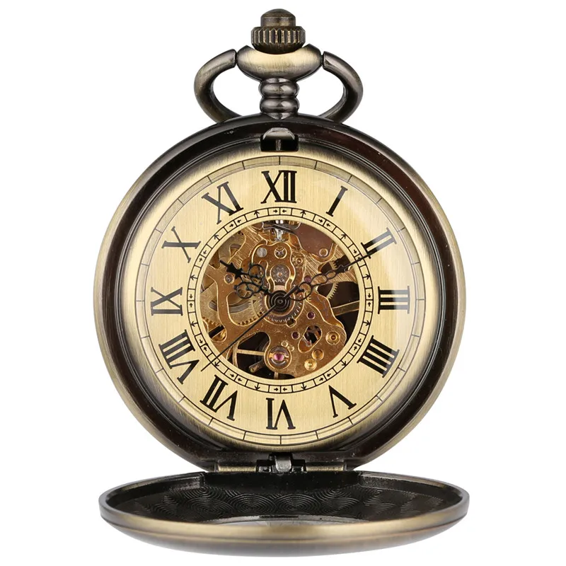 Steampunk Pocket Watch Retro Mechanical Hand Wind Mechanical Watches Bronze Hollow-out Design Smooth Case Pendant Chain Reloj