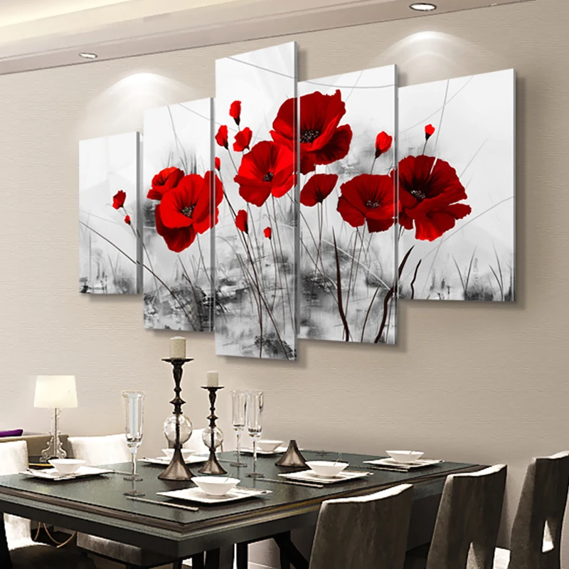 

Combined Flowers Modular Pictures Red Flowers Canvas Painting Wall Art Posters Print for Modern Living Room Home Decor No Frame