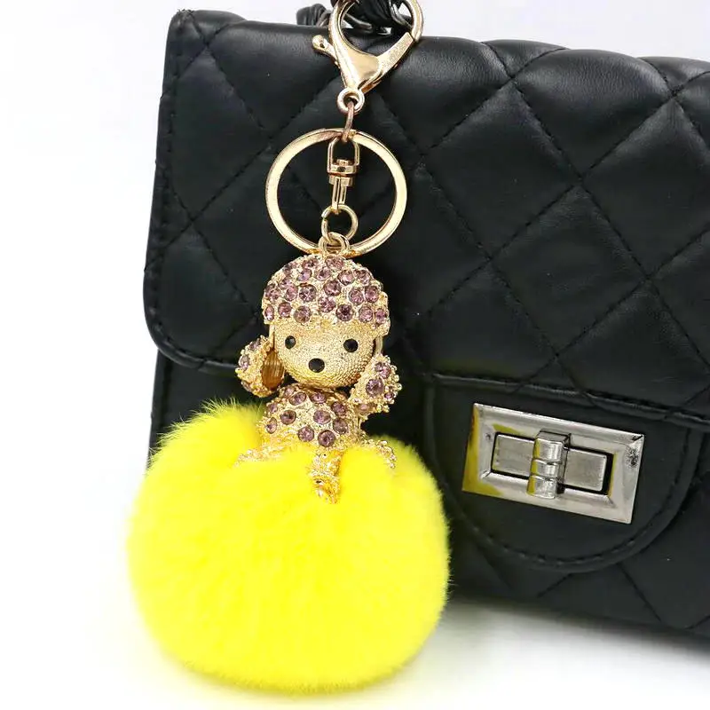 Fluffy Women Key Chains Animal Dog Pendant Real Rabbit Fur KeyChain Gold Color Cute Zircon Trinket Accessories Girl Gift | Украшения и