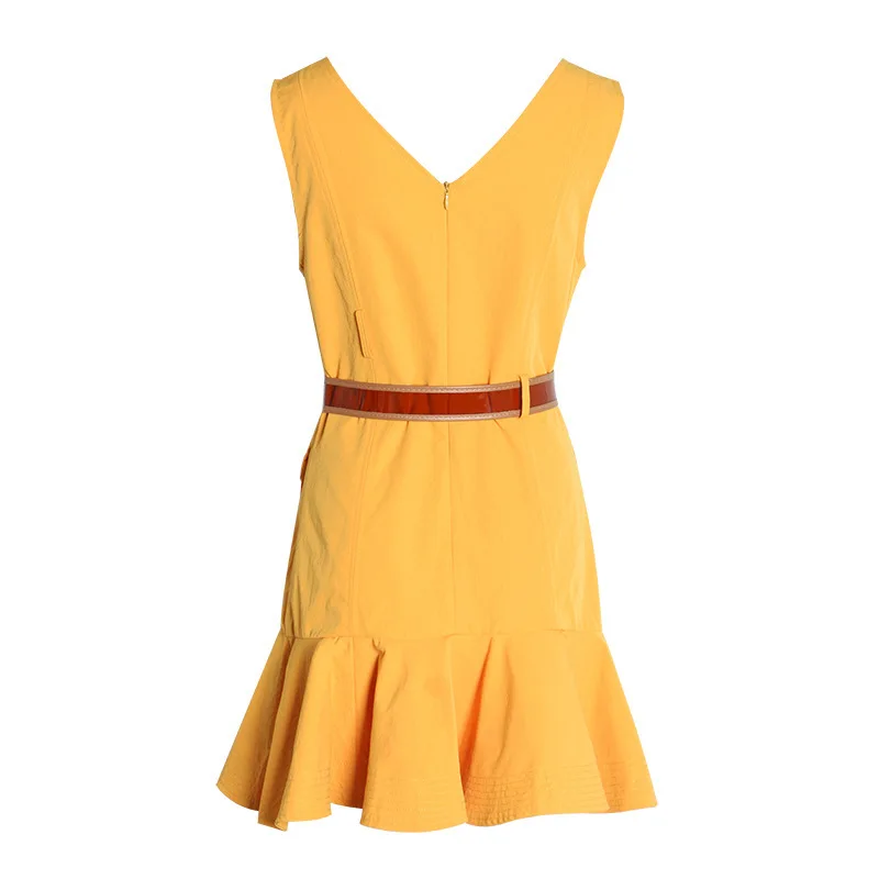 

Women A Line Dress Hem Ruffles V Neck Sleeveless Off Shoulder With Sashes 2020 Summer Female Dresses Fashion New