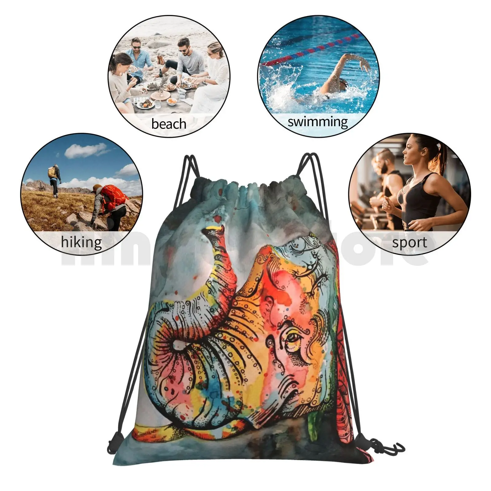 

Circus Elephant Backpack Drawstring Bag Riding Climbing Gym Bag Elephant Circus Line Art Colorful Dark Creepy Circus Animal