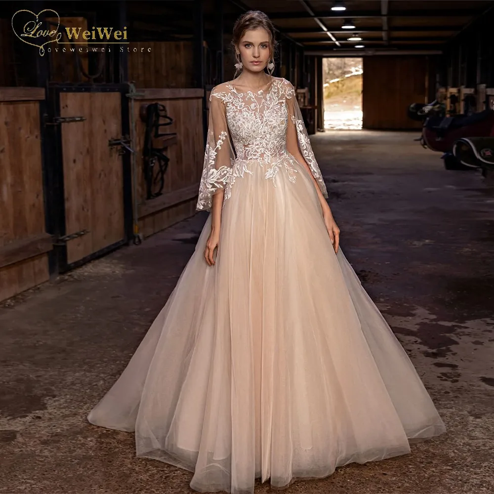 

Champagne Princess Wedding Dress Scoop Neck Three Quarter Flare Sleeve Floor Length Sheer Backless Applique Vestidos De Novia