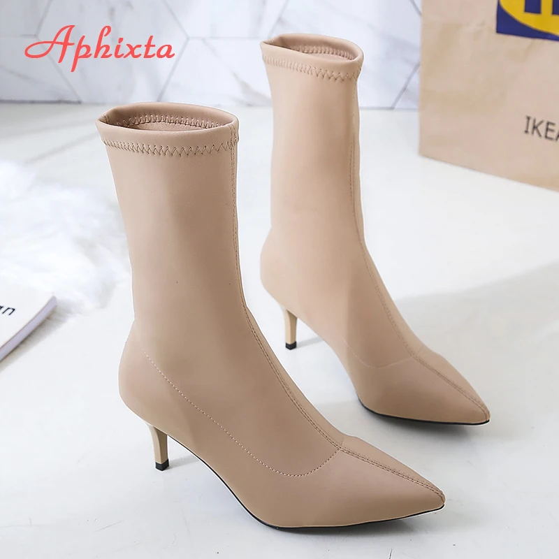 Aphixta/Женская обувь эластичные носки женские ботинки из лайкры с острым носком на