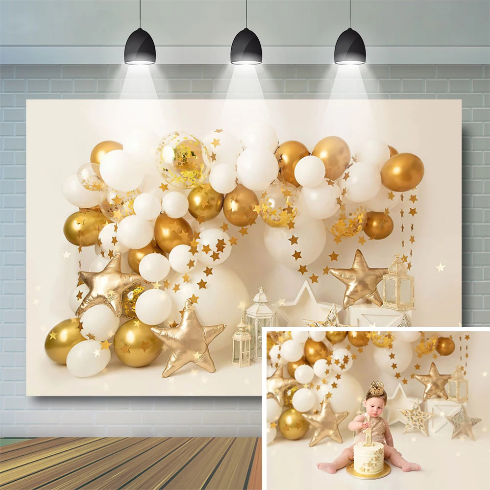 Фон для фотографирования детей на 1 й день рождения с изображением золотых шаров