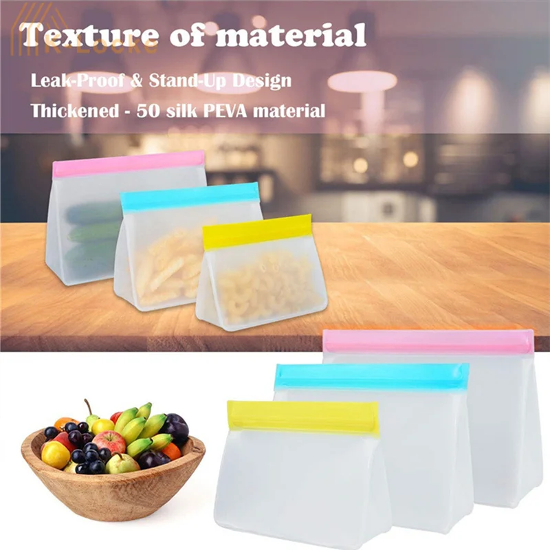 

1Pc Reusable PEVA Food Bag Freezer Stand Up Food Storage Bag Leakproof Top Kitchen Organizer Fresh Shut Bags