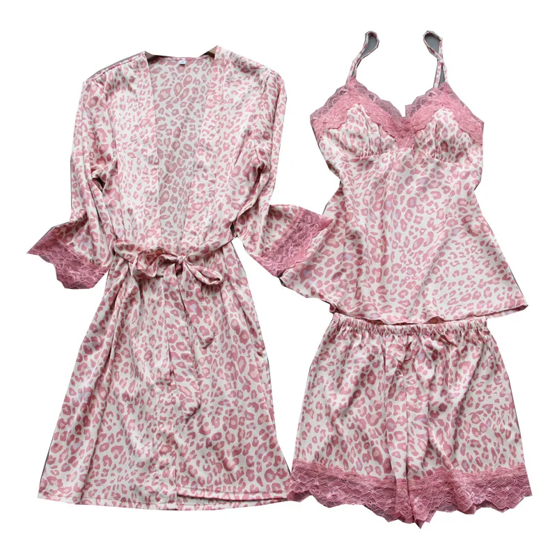

Women Pajamas Suit Satin Sexy Leopard Nightwear Casual 3PCS Sleep Set Intimate Lingerie Lace Printed Homewear Nightgown
