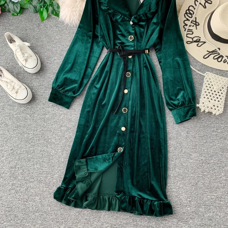 2019 Новое модное женское бархатное платье миди с высокой талией и длинными