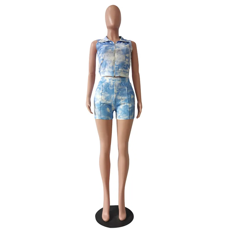 

Fashion Tie Dye Tracksuit Set Two Pieces Outfits Womens Summer Zip Up Crop Top And Matching Shorts Set Workout Overalls 2021 New