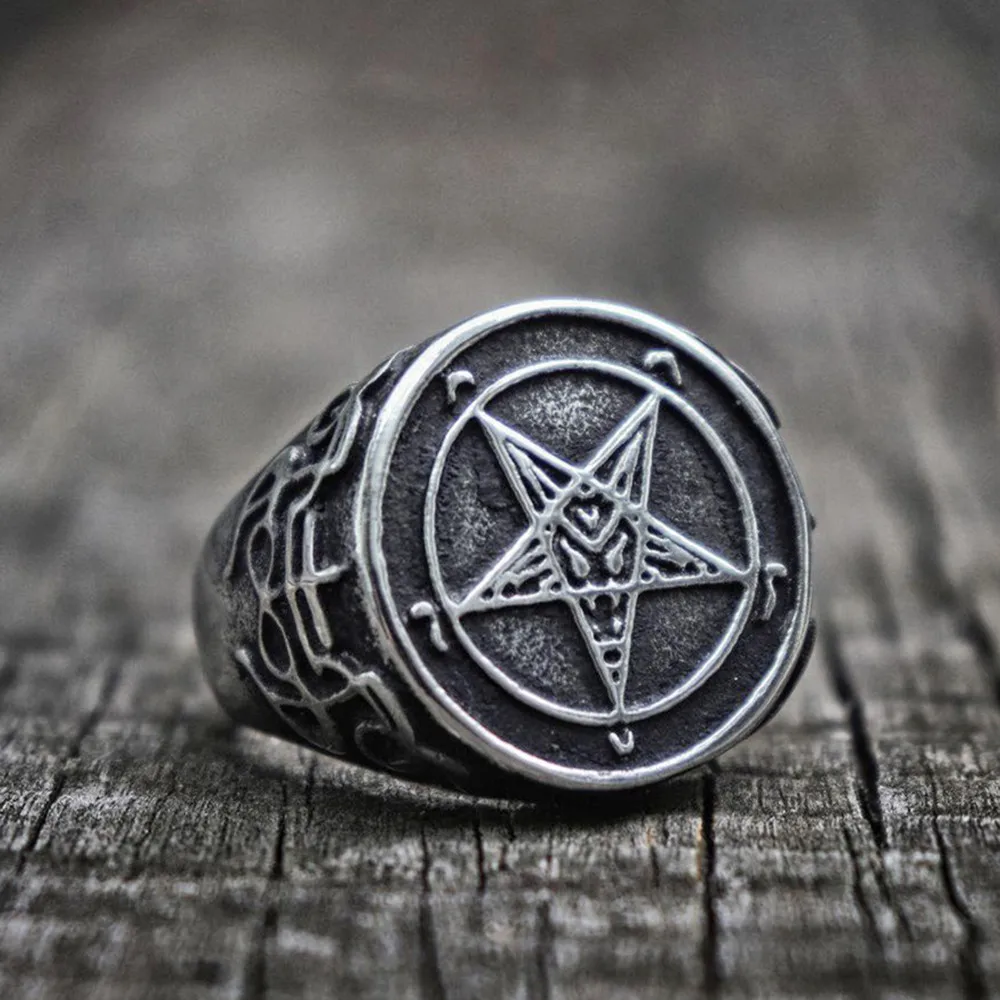 

Gothic Occult Church of Satan Pentagram Rune Sigil Stainless Steel Ring Witch Satanic Lucifer Cross Rings Baphomet Jewelry