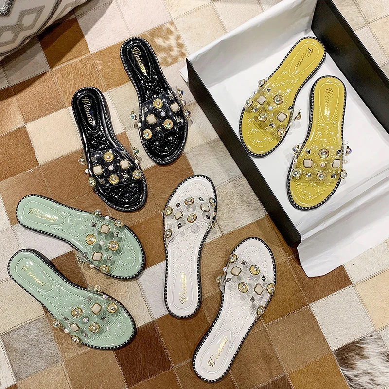 

Slippers Casual Shoes Summer Clogs Woman Rivet Low Pantofle Transparent Heel Slides Luxury Flat Beach Soft 2021 Fashion Basic Ru