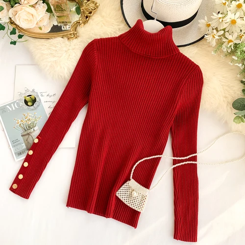 Wine red Gaganight офисный женский свитер с высоким воротом, женский свитер с длинным рукавом, однотонная пуговица для пуловера, тонкий стрейчевый вязаный свитер, Женский шикарный - Цвет: Wine red