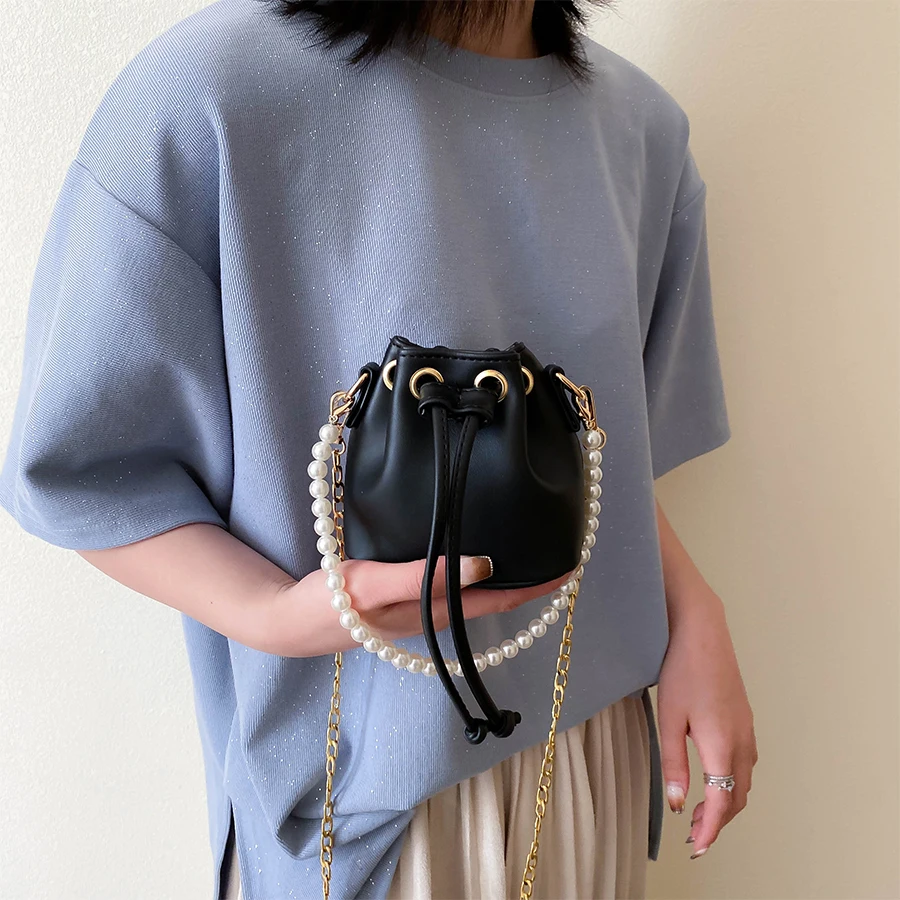 

Women Mini Bucket Bag Fashion Pearl Handbag Pu Leather Solid Color Chain Shoulder Bags Small Cute Lady Crossbody Handbag