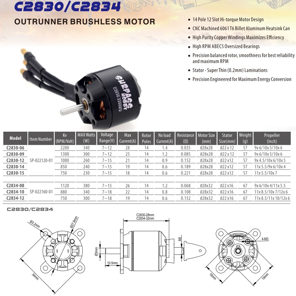 Бесщеточный двигатель Surpass Hobby C2830 2 шт. 750KV 850KV 1000KV 1300kv Outrunner 30A ESC для