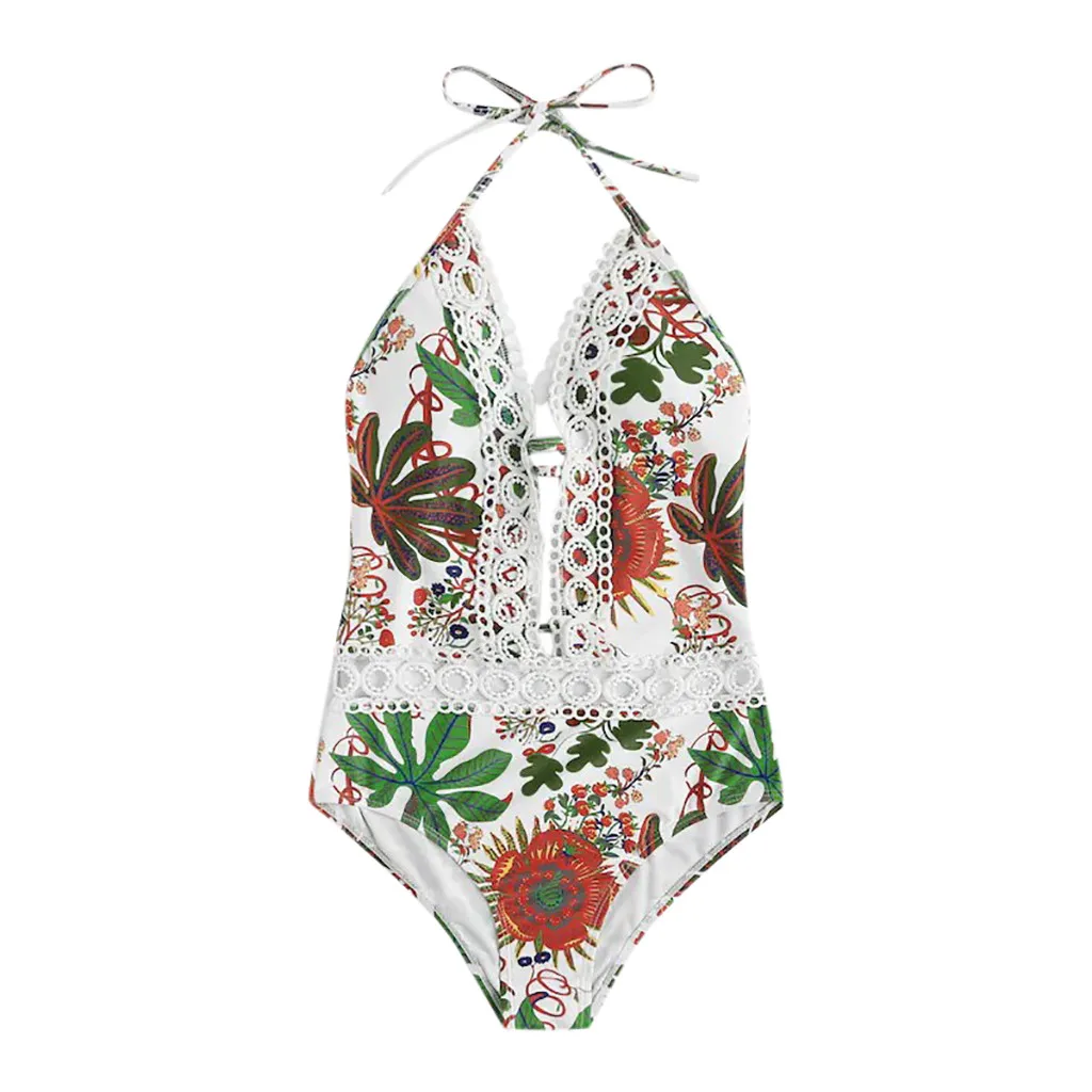 Vintage Deep V sexy Printing Bandage cross 1-Piece Bikini Push-Up Pad Swimwear High waisted Botton Backless Beachwear купальник |