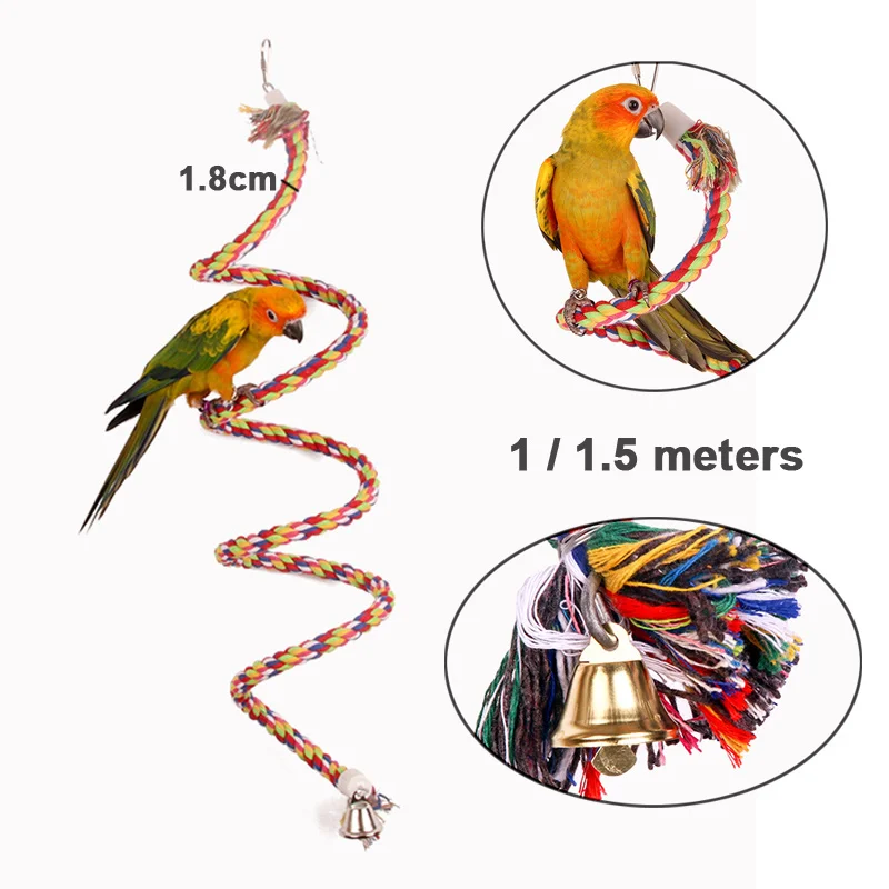 

1/1.5 Meter Bird Perch Toy Spiral Cotton Rope Bell Parrot Chewing Bar Swing Climbing Standing Toys Play Cockatoo Budgie Supplies